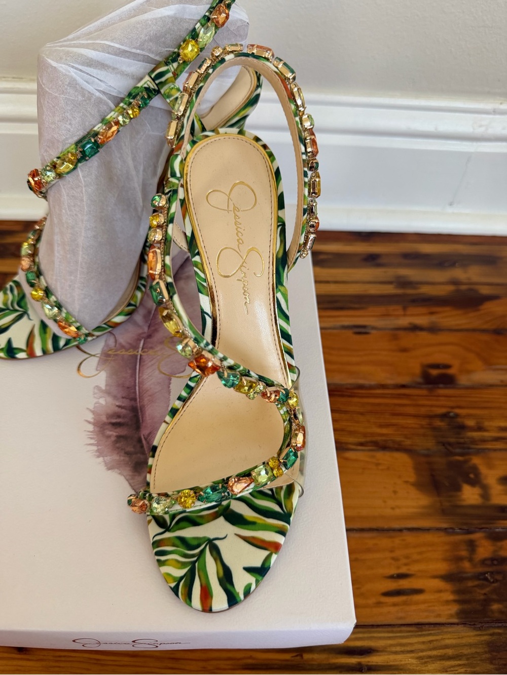 Jessica Simpson Green Tropical Gem-Embellished Slingback Heels